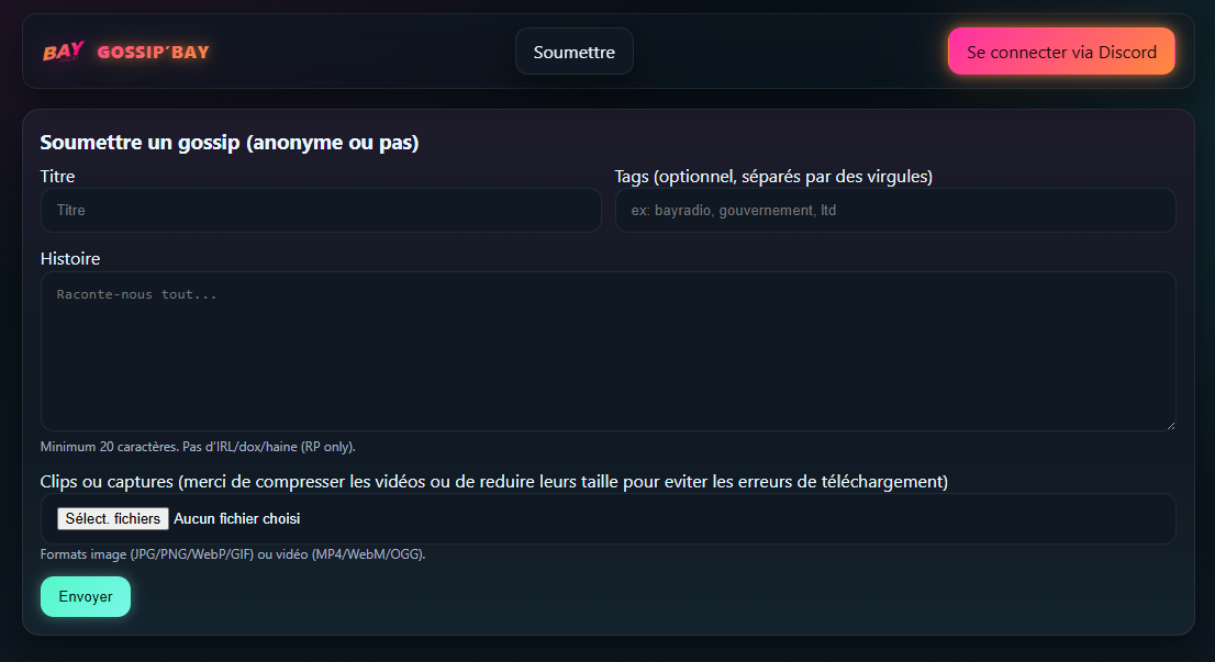 Site Gossip'Bay — Formulaire d'histoires